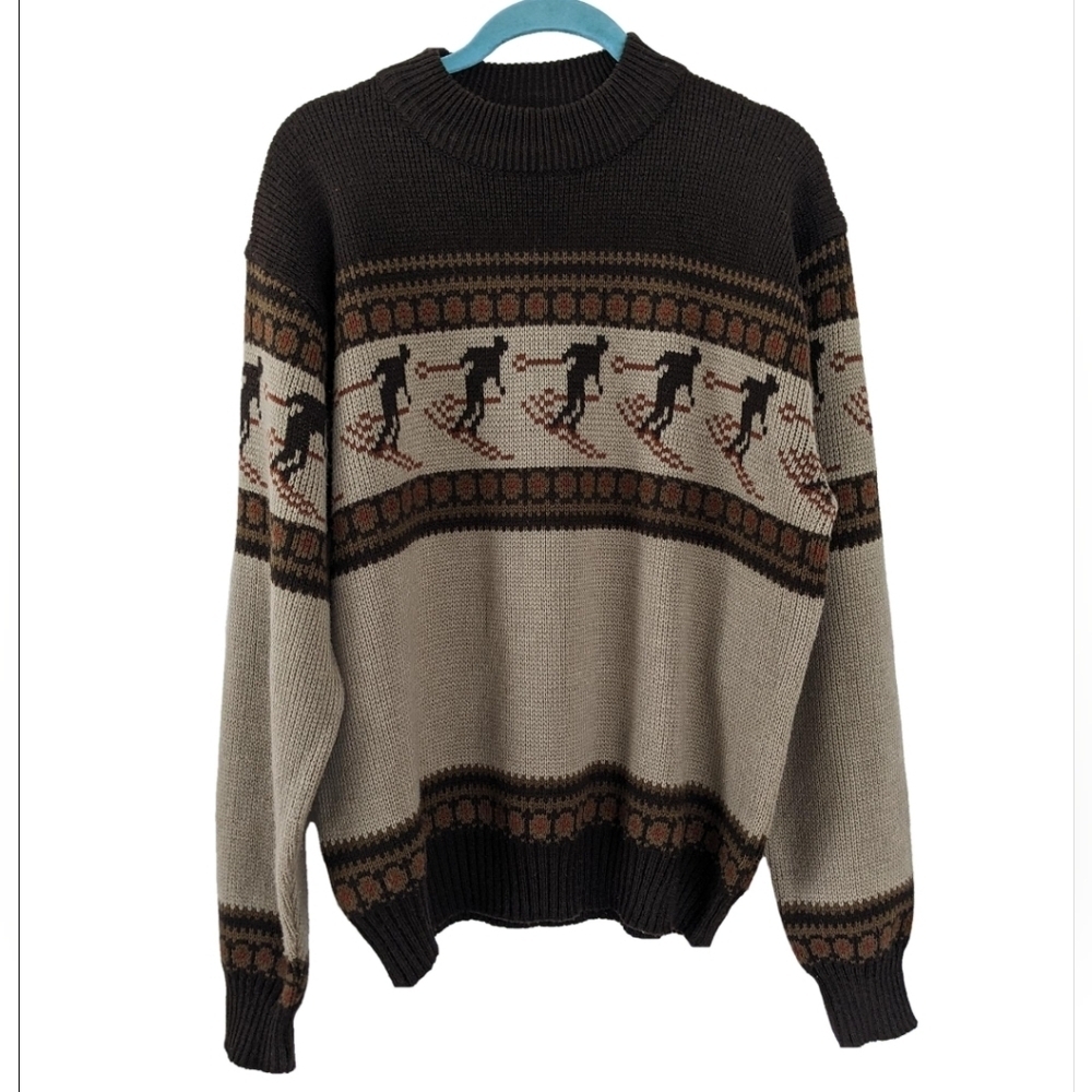 Vintage Ski Pattern Crew Neck Sweater brown tan large Xl G2